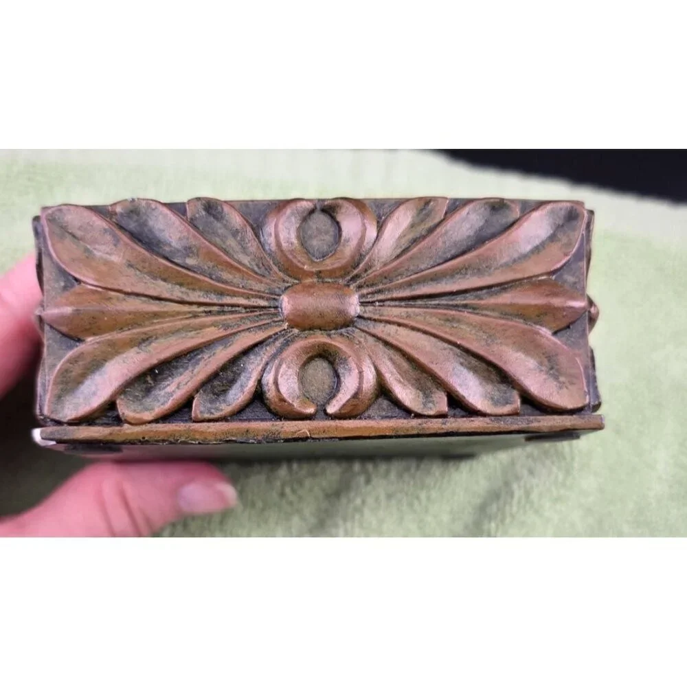 Jewelry Trinket Box With Floral Design Brown Finish 4 x 4
